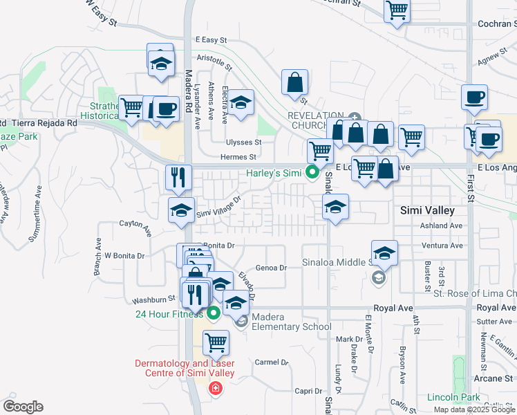map of restaurants, bars, coffee shops, grocery stores, and more near 1743 Woodloch Lane in Simi Valley