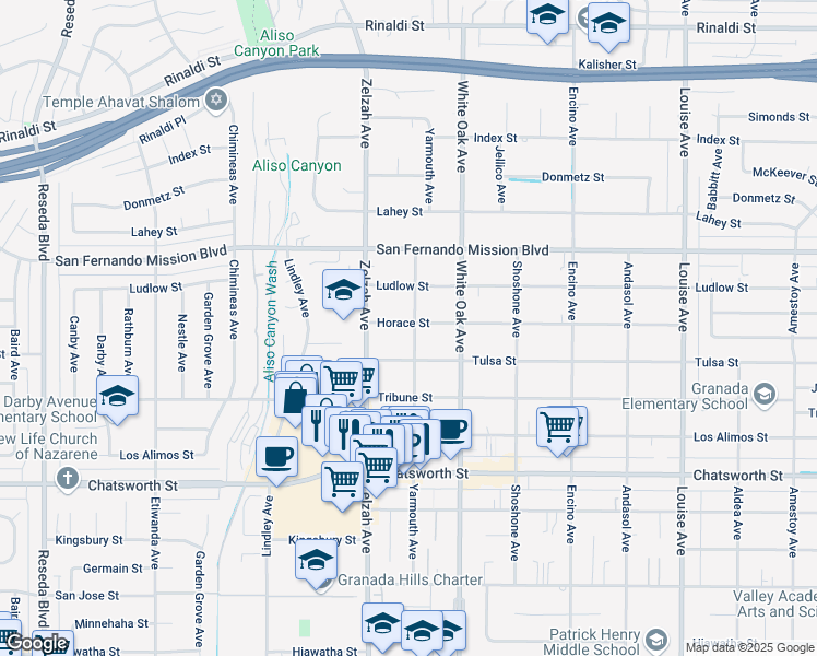 map of restaurants, bars, coffee shops, grocery stores, and more near 10945 Yarmouth Avenue in Los Angeles