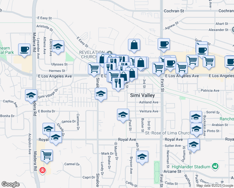 map of restaurants, bars, coffee shops, grocery stores, and more near 1730 Sinaloa Road in Simi Valley