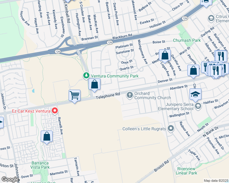 map of restaurants, bars, coffee shops, grocery stores, and more near 8050 Denver Street in Ventura