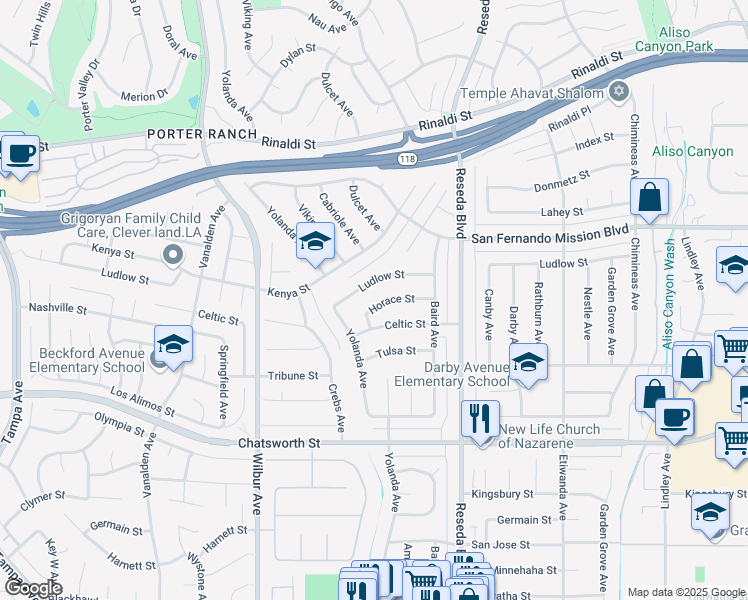 map of restaurants, bars, coffee shops, grocery stores, and more near 18665 Horace Street in Los Angeles