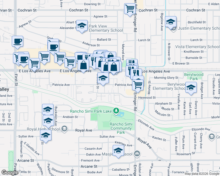 map of restaurants, bars, coffee shops, grocery stores, and more near 1740 Patricia Avenue in Simi Valley