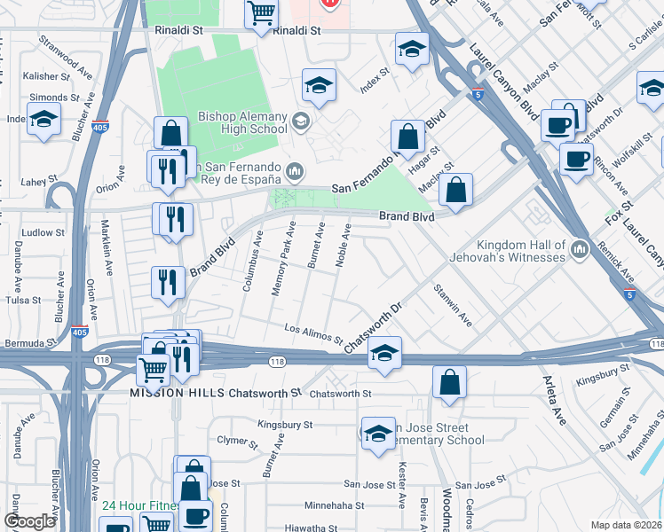 map of restaurants, bars, coffee shops, grocery stores, and more near 10982 Noble Avenue in Los Angeles
