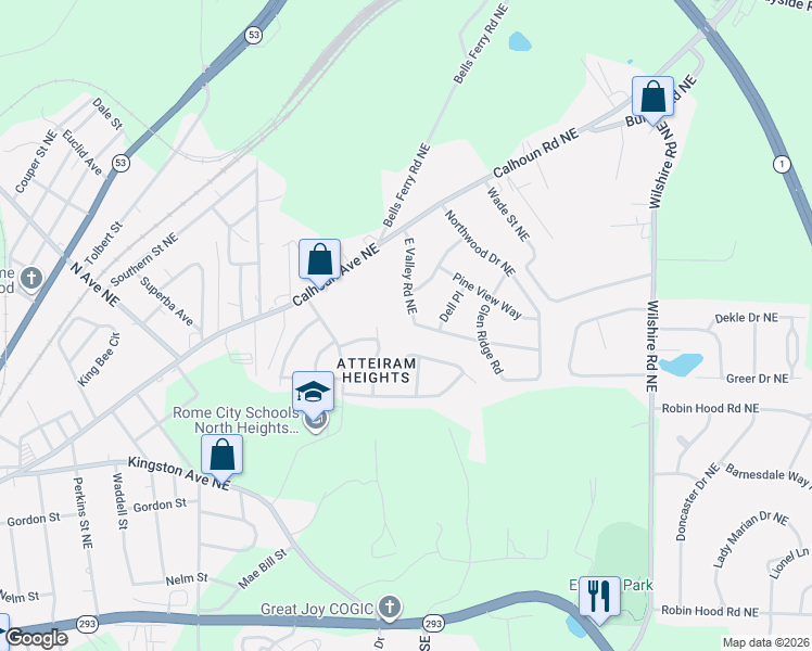 map of restaurants, bars, coffee shops, grocery stores, and more near 107 Jim Lee Drive in Rome