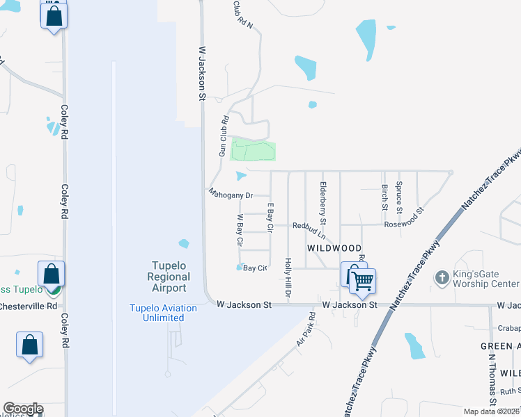 map of restaurants, bars, coffee shops, grocery stores, and more near 2601-2699 Sourwood Drive in Tupelo