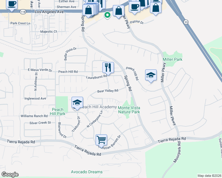 map of restaurants, bars, coffee shops, grocery stores, and more near 13729 Bear Valley Road in Moorpark