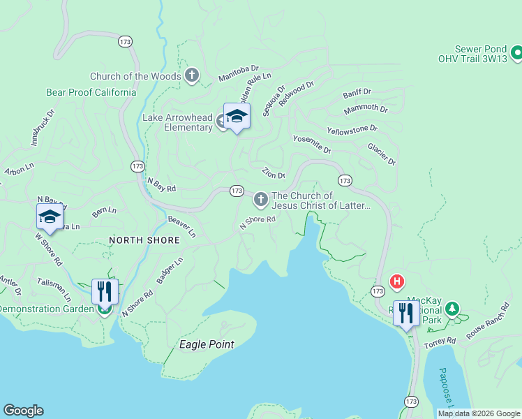 map of restaurants, bars, coffee shops, grocery stores, and more near 1160 Golden Rule Ln in Lake Arrowhead
