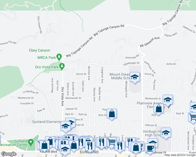 map of restaurants, bars, coffee shops, grocery stores, and more near 8121 Brownstone Street in Los Angeles