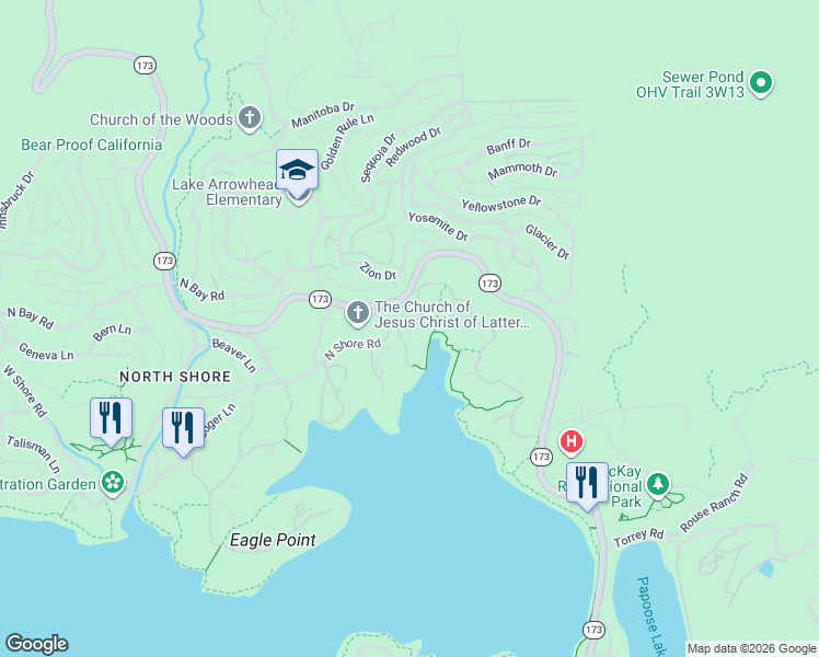map of restaurants, bars, coffee shops, grocery stores, and more near 28751 Sherwood Road in Lake Arrowhead