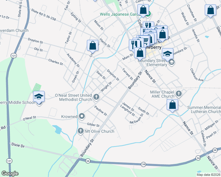 map of restaurants, bars, coffee shops, grocery stores, and more near 620 O'Neal Street in Newberry