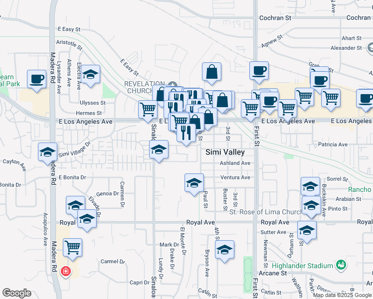 map of restaurants, bars, coffee shops, grocery stores, and more near 1730 Sinaloa Road in Simi Valley