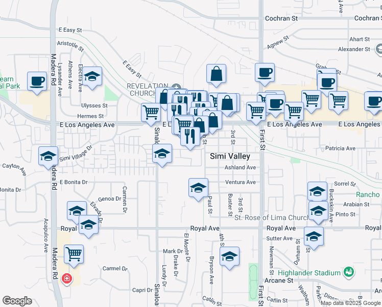 map of restaurants, bars, coffee shops, grocery stores, and more near 1730 Sinaloa Road in Simi Valley