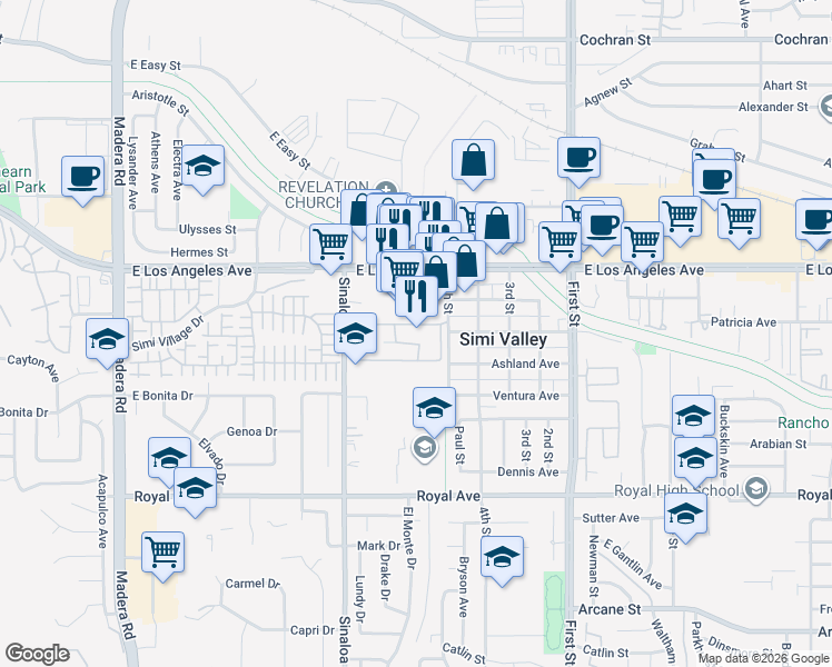 map of restaurants, bars, coffee shops, grocery stores, and more near 1730 Sinaloa Road in Simi Valley