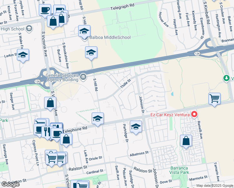 map of restaurants, bars, coffee shops, grocery stores, and more near 6611 Sargent Lane in Ventura