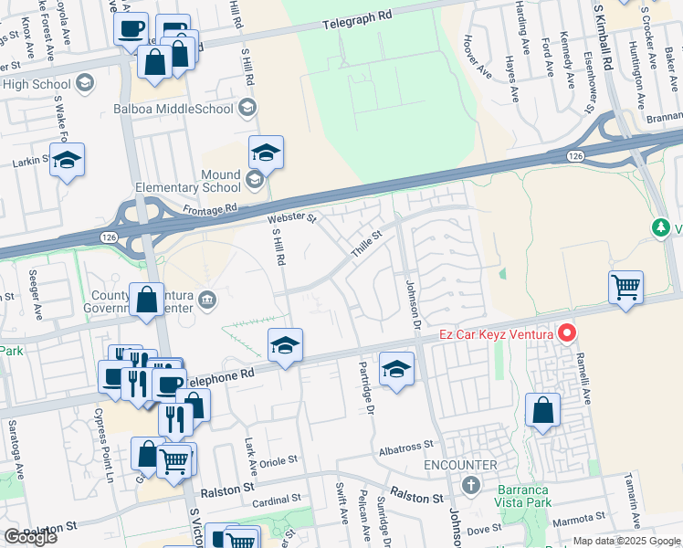 map of restaurants, bars, coffee shops, grocery stores, and more near 6611 Sargent Lane in Ventura