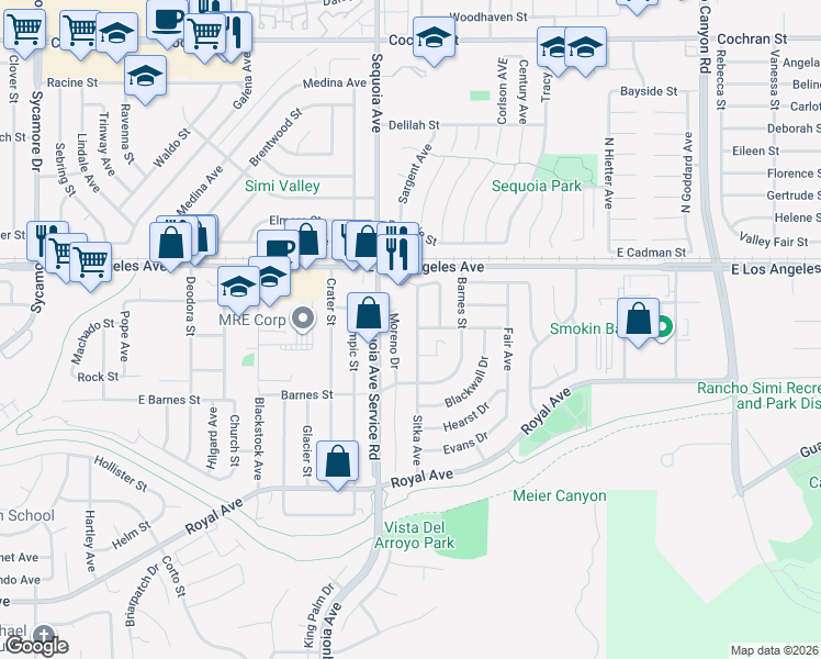 map of restaurants, bars, coffee shops, grocery stores, and more near 1791 Sitka Avenue in Simi Valley