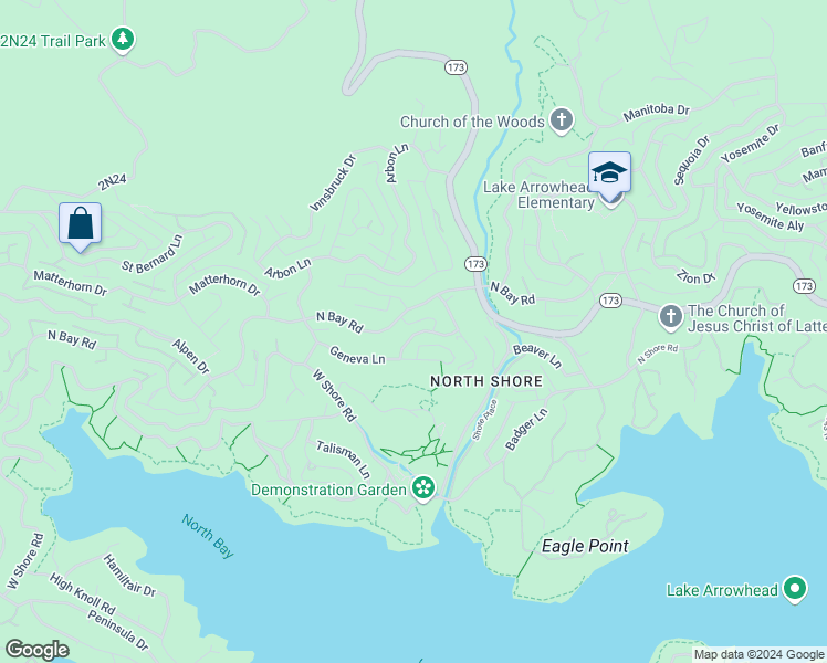 map of restaurants, bars, coffee shops, grocery stores, and more near 28252 Bern Lane in Lake Arrowhead