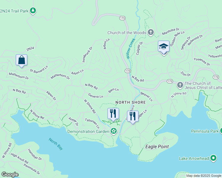 map of restaurants, bars, coffee shops, grocery stores, and more near 28252 Bern Lane in Lake Arrowhead