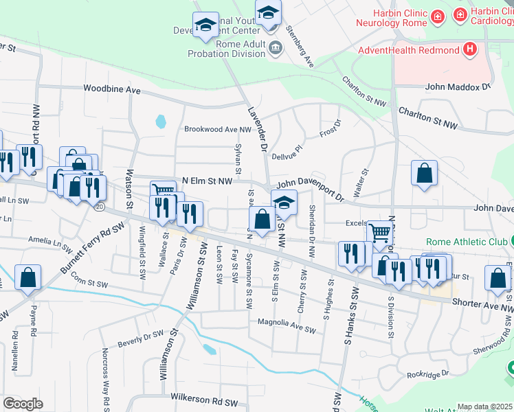 map of restaurants, bars, coffee shops, grocery stores, and more near 107 West Laurel Avenue in Rome