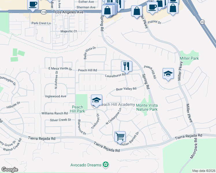 map of restaurants, bars, coffee shops, grocery stores, and more near 13568 East Quail Summit Road in Moorpark