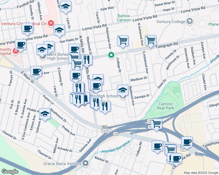 map of restaurants, bars, coffee shops, grocery stores, and more near 325 Wesley Avenue in Ventura