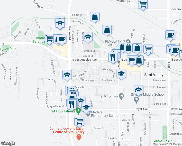 map of restaurants, bars, coffee shops, grocery stores, and more near 1809 Maybrook Way in Simi Valley