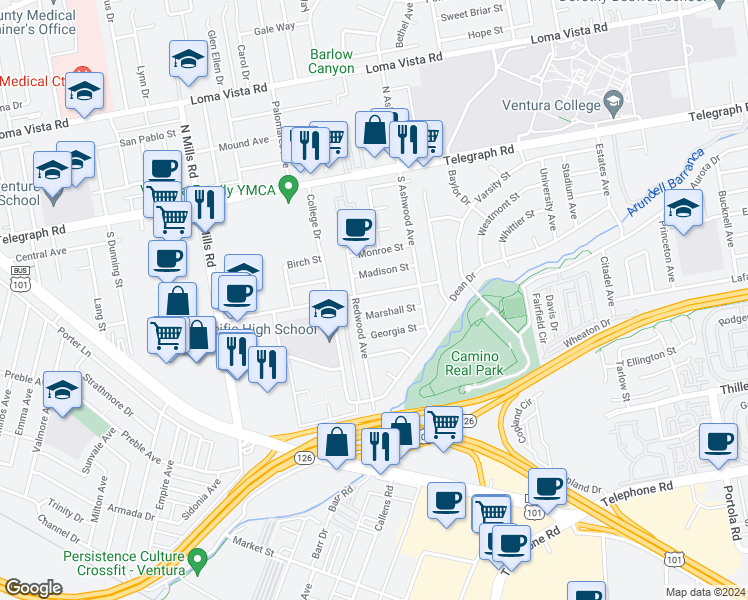 map of restaurants, bars, coffee shops, grocery stores, and more near 3940 Maple Street in Ventura