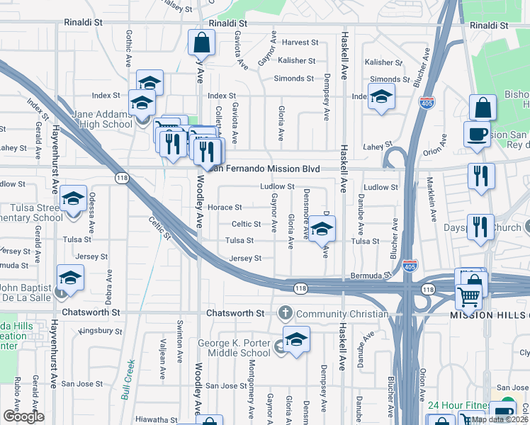 map of restaurants, bars, coffee shops, grocery stores, and more near 16014 Horace Street in Los Angeles