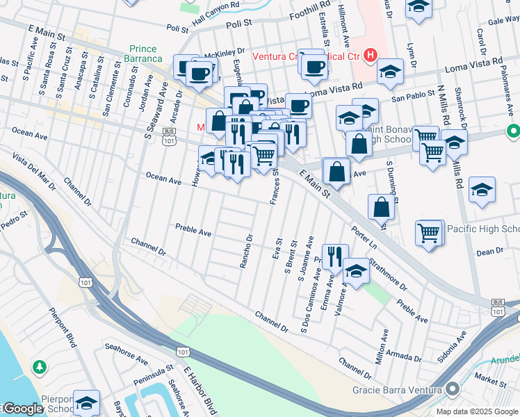 map of restaurants, bars, coffee shops, grocery stores, and more near 298 Rancho Drive in Ventura