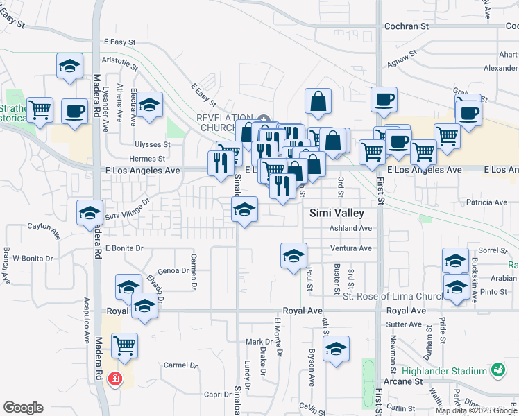map of restaurants, bars, coffee shops, grocery stores, and more near 1706 Sinaloa Road in Simi Valley