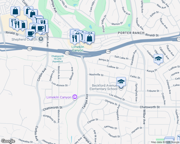map of restaurants, bars, coffee shops, grocery stores, and more near 10927 Key West Avenue in Los Angeles