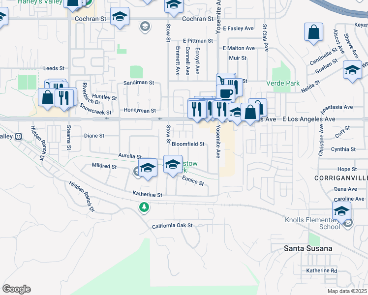 map of restaurants, bars, coffee shops, grocery stores, and more near 1742 Warfield Court in Simi Valley