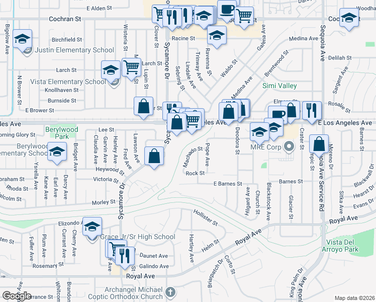 map of restaurants, bars, coffee shops, grocery stores, and more near 1771 Orr Avenue in Simi Valley
