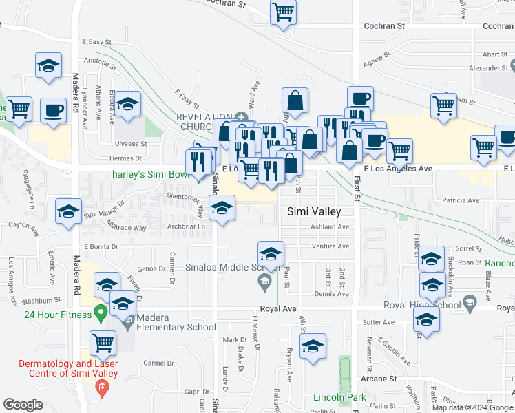 map of restaurants, bars, coffee shops, grocery stores, and more near 1760 Sinaloa Villa Road in Simi Valley