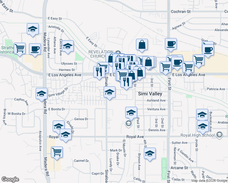 map of restaurants, bars, coffee shops, grocery stores, and more near 1778 Sinaloa Road in Simi Valley