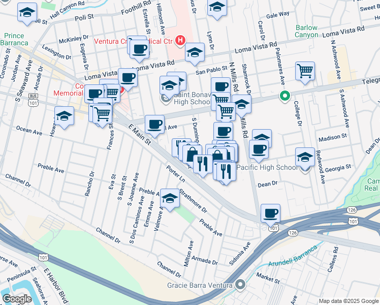 map of restaurants, bars, coffee shops, grocery stores, and more near 3209 Ocean Avenue in Ventura