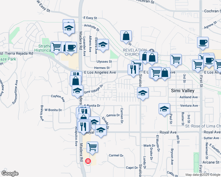 map of restaurants, bars, coffee shops, grocery stores, and more near 1743 Woodloch Lane in Simi Valley