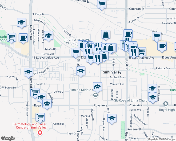 map of restaurants, bars, coffee shops, grocery stores, and more near 1718 Sinaloa Road in Simi Valley