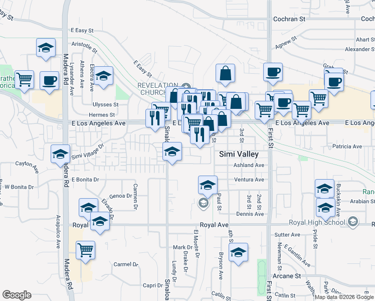 map of restaurants, bars, coffee shops, grocery stores, and more near 1718 Sinaloa Road in Simi Valley