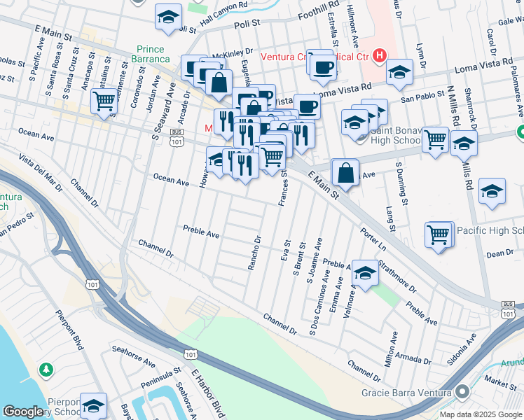 map of restaurants, bars, coffee shops, grocery stores, and more near 297 Rancho Drive in Ventura