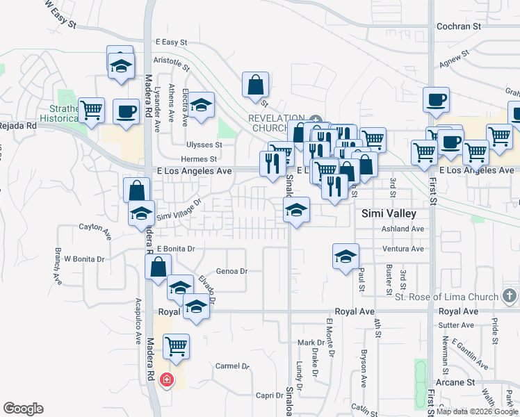 map of restaurants, bars, coffee shops, grocery stores, and more near 1738 Sweetleaf Lane in Simi Valley