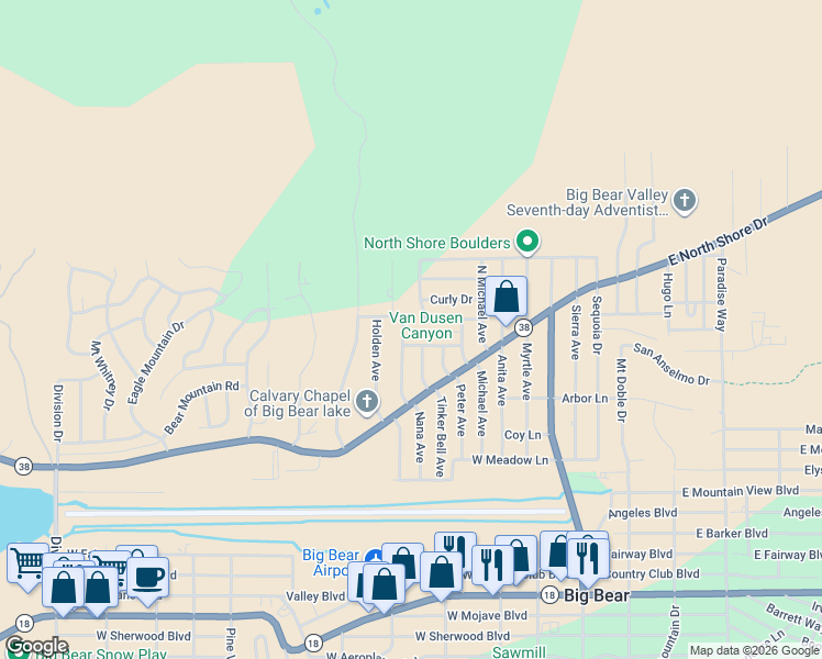 map of restaurants, bars, coffee shops, grocery stores, and more near 1104 Wendy Avenue in Big Bear