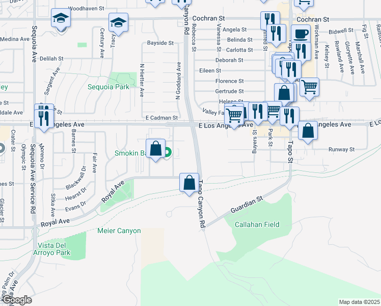 map of restaurants, bars, coffee shops, grocery stores, and more near 1757 Tapo Canyon Road in Simi Valley