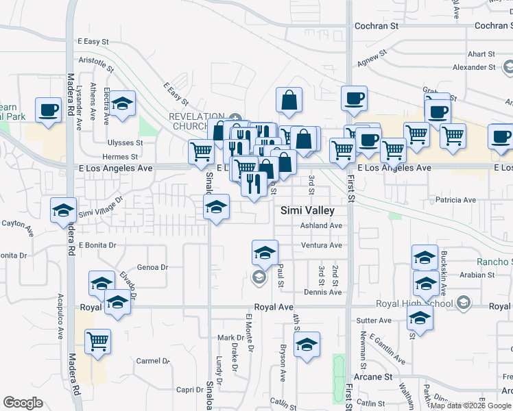 map of restaurants, bars, coffee shops, grocery stores, and more near 1730 Sinaloa Road in Simi Valley