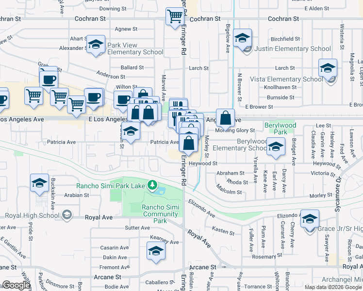 map of restaurants, bars, coffee shops, grocery stores, and more near 1752 Erringer Road in Simi Valley