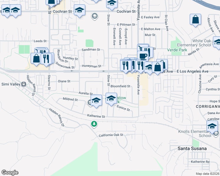 map of restaurants, bars, coffee shops, grocery stores, and more near 5604 Bloomfield Street in Simi Valley
