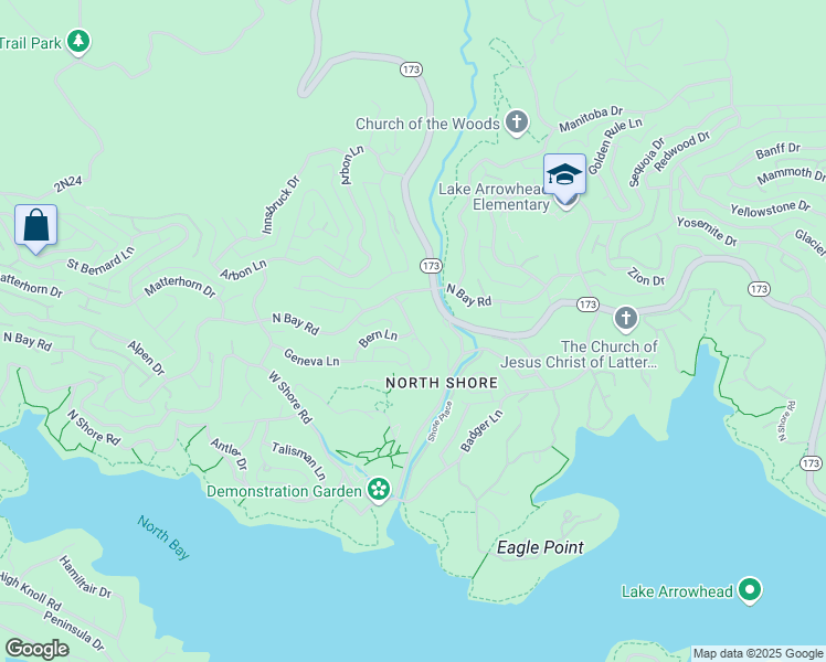 map of restaurants, bars, coffee shops, grocery stores, and more near Lucerne Lane in Lake Arrowhead