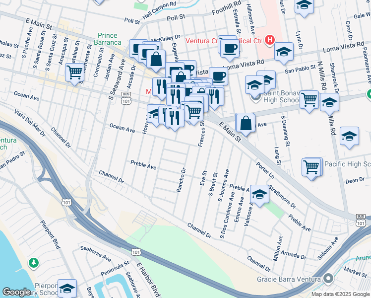 map of restaurants, bars, coffee shops, grocery stores, and more near 297 Rancho Drive in Ventura