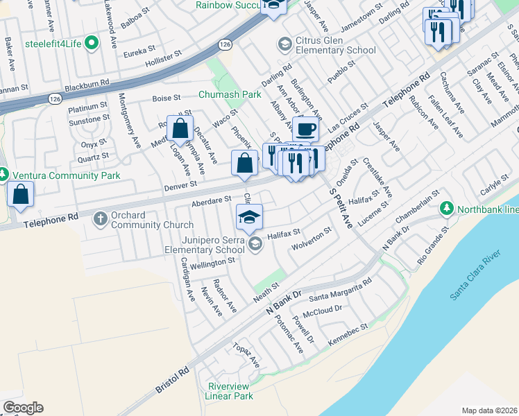 map of restaurants, bars, coffee shops, grocery stores, and more near 1247 Chelan Lane in Ventura