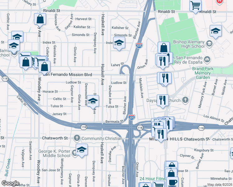 map of restaurants, bars, coffee shops, grocery stores, and more near 15708 Horace Street in Los Angeles